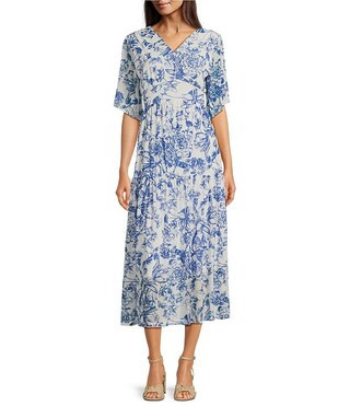 Calessa Porcelain Floral Print V-Neck Elbow Sleeve A-Line Midi Dress | Dillard's | Dillard's