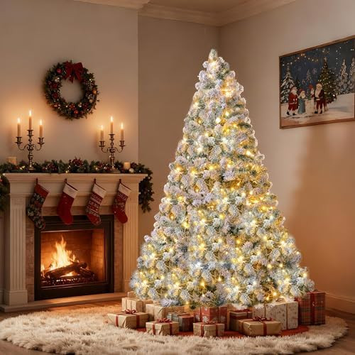 Christmas Tree, 6Ft/1.8M Artificial Christmas Trees with Lights, Snow Flocked Xmas Tree with Fold... | Amazon (US)