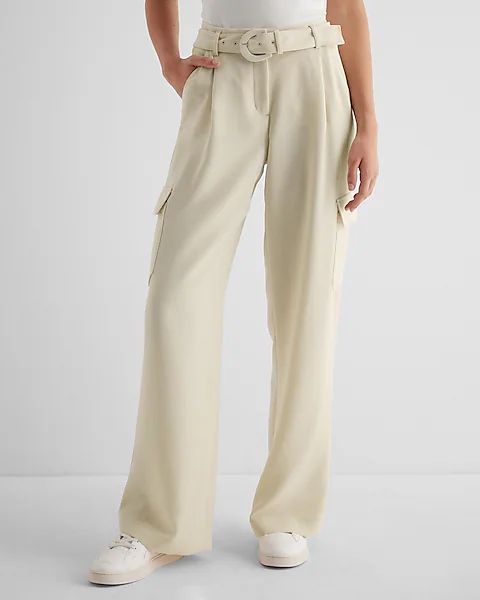 High Waisted Pleated Belted Utility Trouser Pant | Express