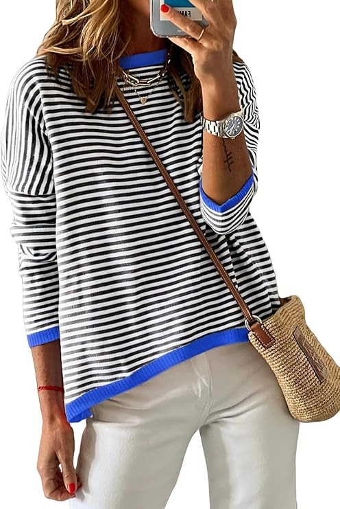 Dokotoo Women's Long Sleeve Sweaters Casual Crewneck Fashion Fall Striped Color Block Shirts High... | Amazon (US)