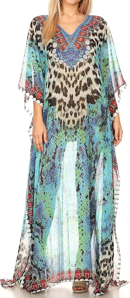 Sakkas Wilder Printed Design Long Sheer Rhinestone Caftan Dress/Cover Up | Amazon (US)