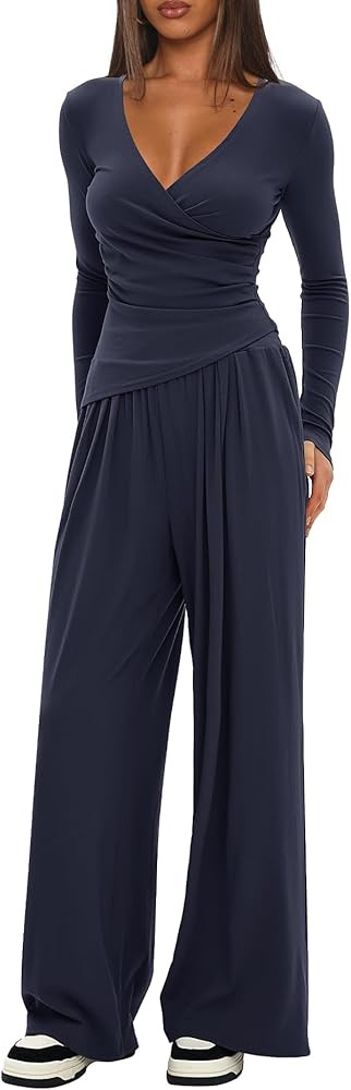 Darong Women's 2 Piece Lounge Outfits Sets Warp V Neck Long Sleeve Shirts and Wide Leg Pants Trac... | Amazon (US)