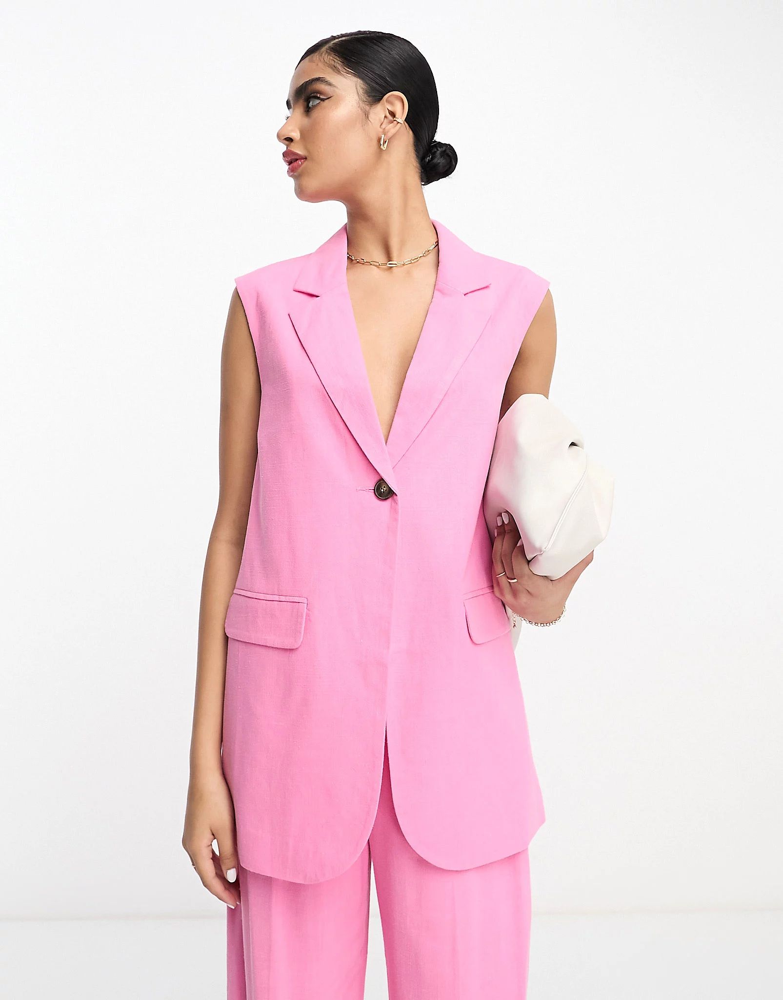ASOS DESIGN sleeveless suit blazer with linen in pink | ASOS (Global)