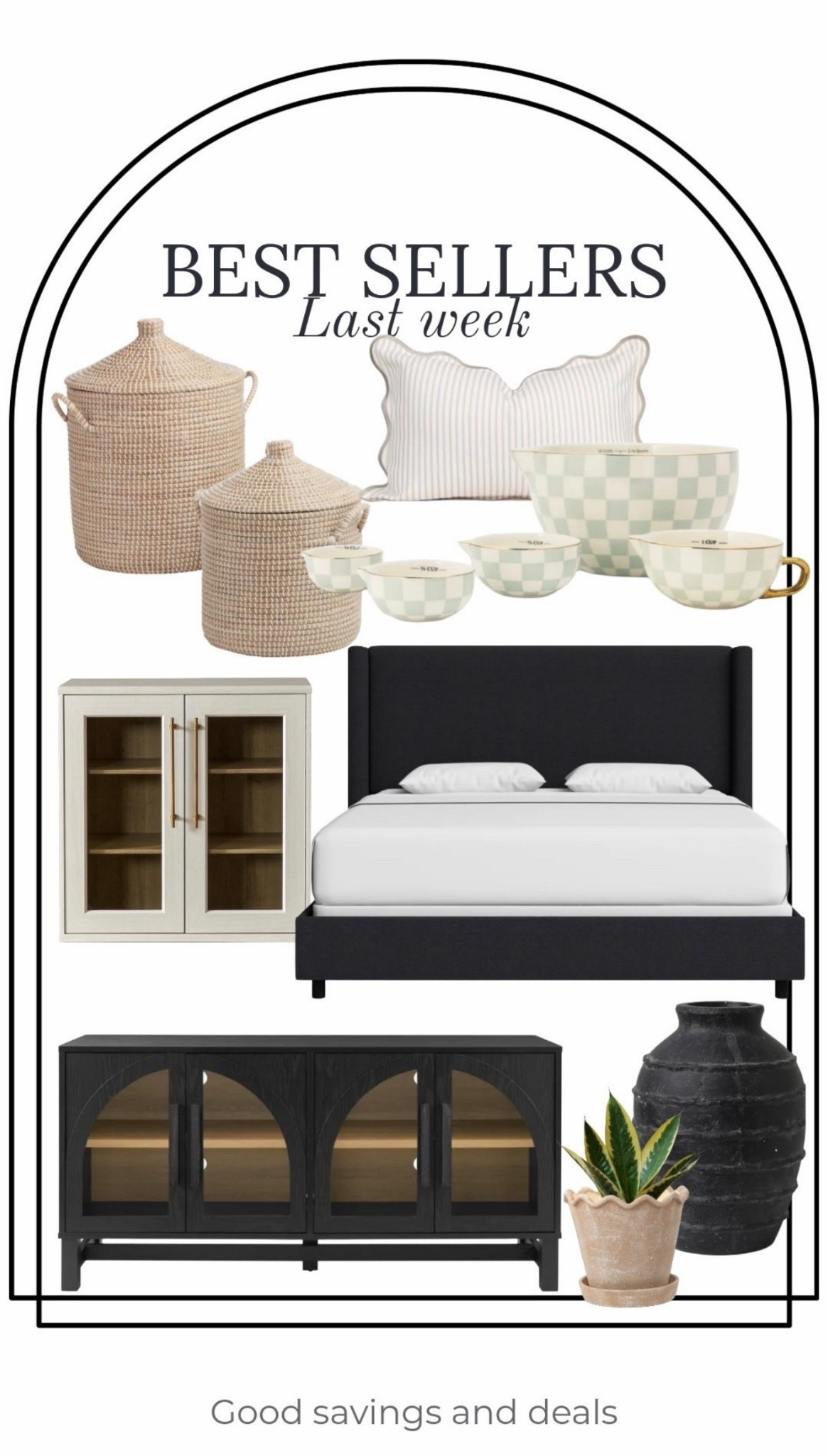 Here are some best sellers from last week. The Hanson upholstered bed from Wayfair is on sale right now and so beautiful. Display cabinets and arch tv stand. Checkered measuring bowls. Seagrass storage baskets with lids.
Planter, vase and outdoor throw pillow.

#LTKHome #LTKSaleAlert #LTKSeasonal