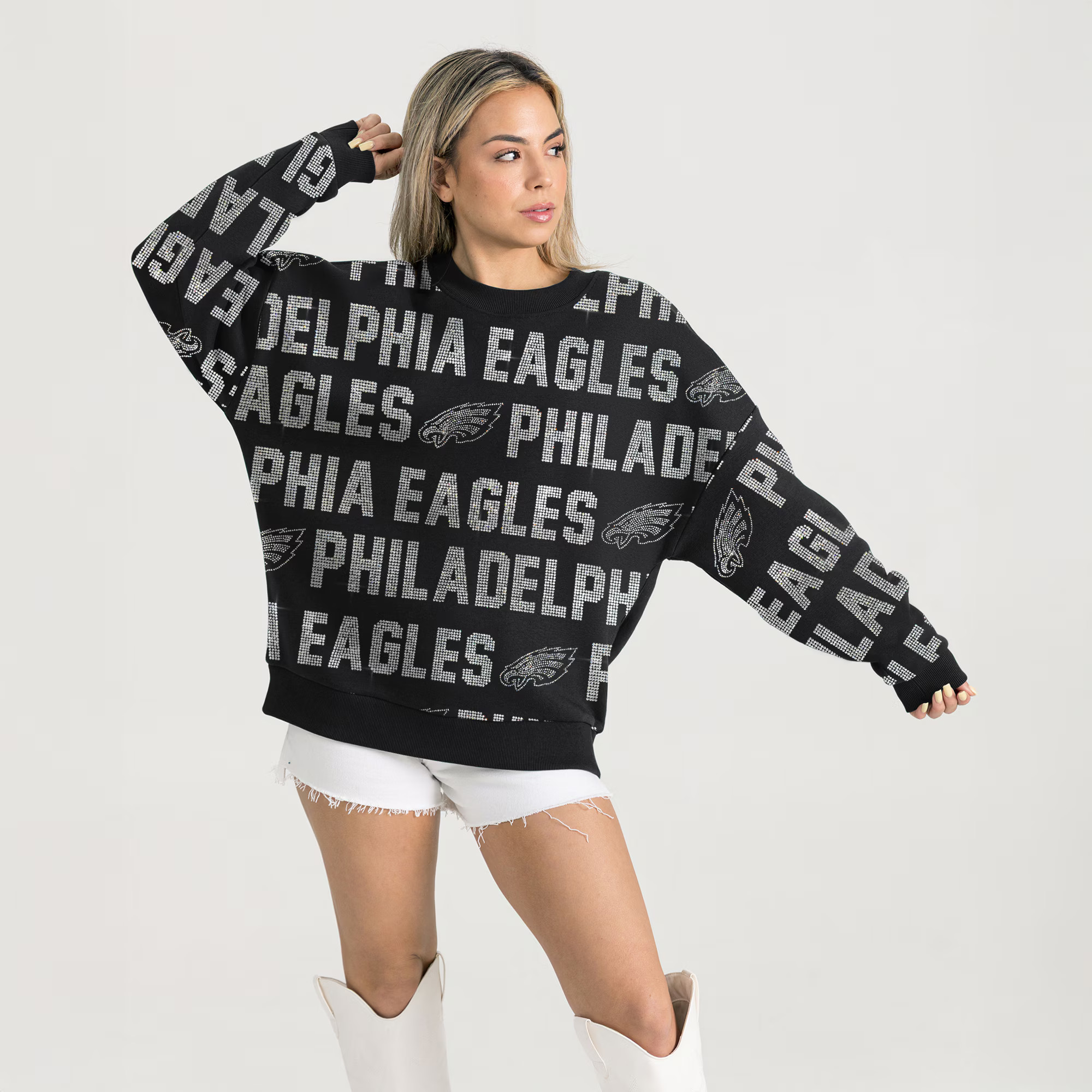 Women's Philadelphia Eagles Gameday Couture Black Oversized Hype Era Rhinestone Text Sweatshirt | NFL Shop