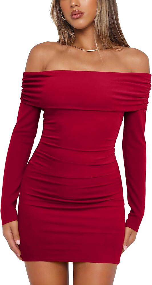 OWIN Women's Fall Off The Shoulder Ruched Bodycon Mini Dress Long Sleeve Ribbed Knit Fitted Club ... | Amazon (US)