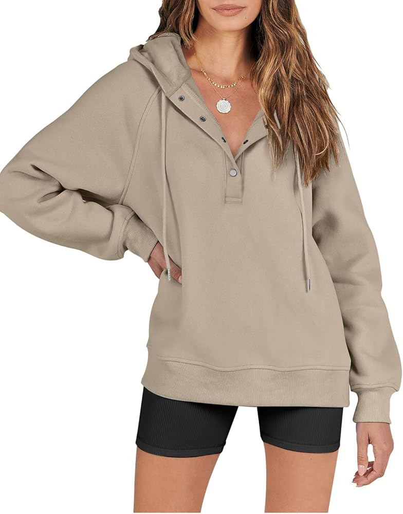 ANRABESS Womens Casual Hooded Button Collar Drawstring Hoodies Oversized Pullover Sweatshirts Cas... | Amazon (US)