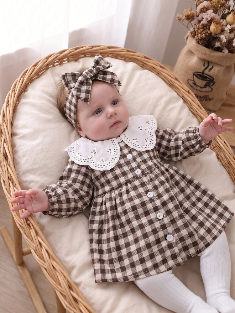 SHEIN 2pcs Newborn Baby Girls Dress Sweet Brown Eyelet Lace Peter Pan Collar Bow Long Sleeve Birt... | SHEIN