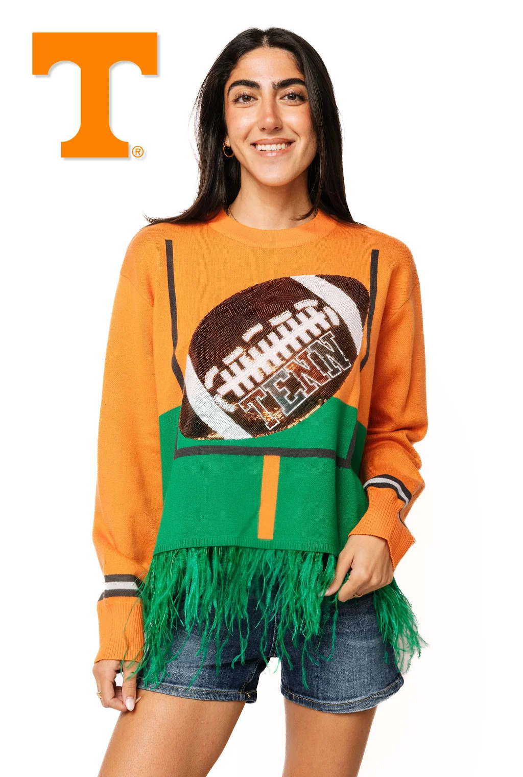 Licensed Sample Tennessee Colorblock Sequin Football & Field Goal Feather Bottom Sweater | Queen of Sparkles
