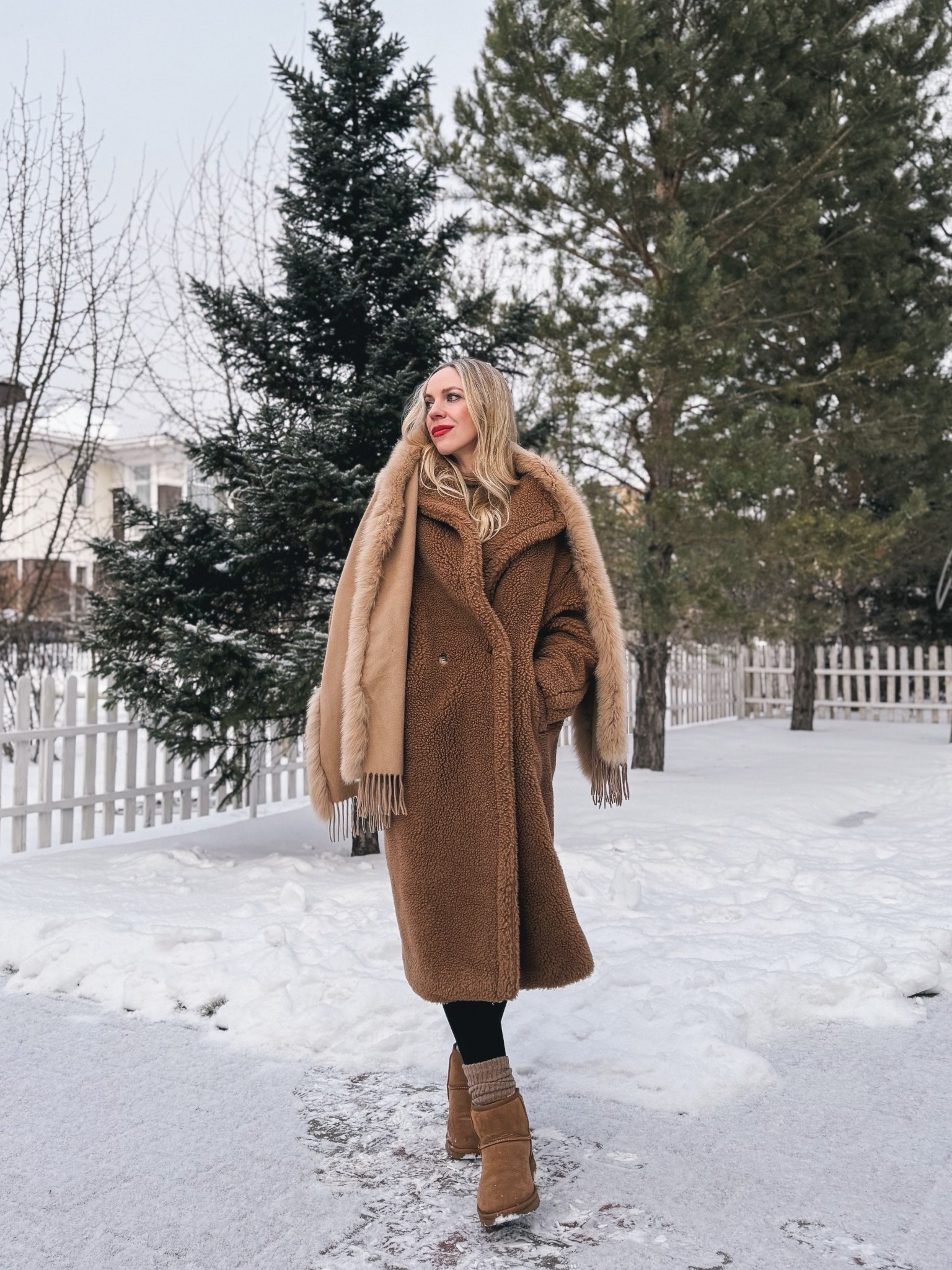 Teddy coat winter outfit, Max Mara fur wrap scarf, Ugg mini boots, camel coat, cozy style 

#LTKSeasonal #LTKShoeCrush #LTKOver40