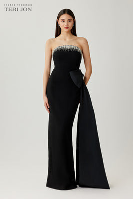 Crystal Trim Bow Crepe Gown | TERI JON