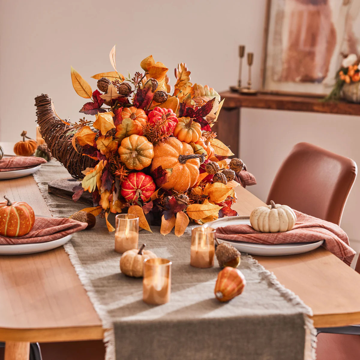 Fall's Grandeur Thanksgiving Cornucopia Centerpiece with Pumpkins, Gourds, Chinese Lanterns - 3 S... | Darby Creek Trading