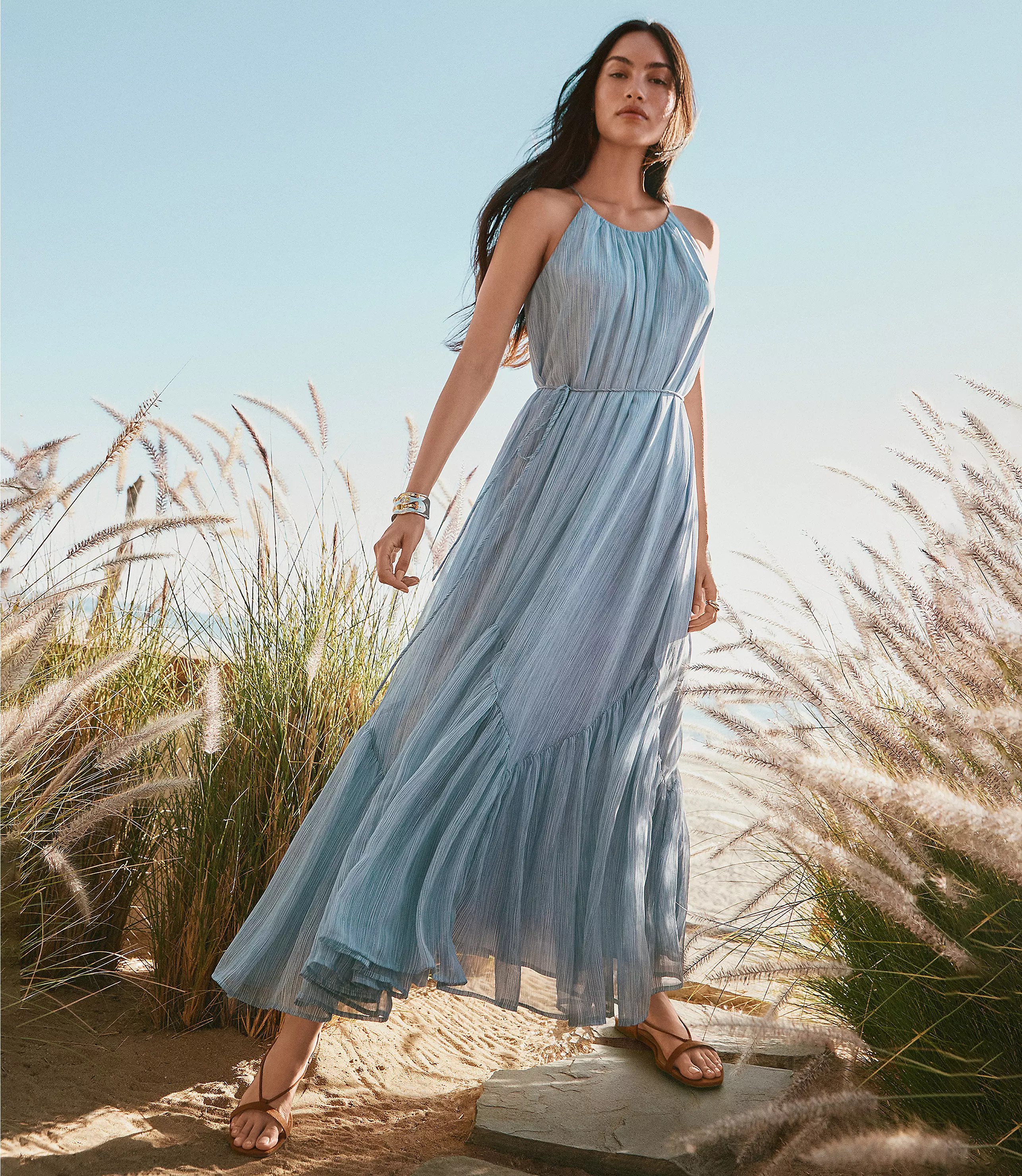 Striped Flounce Maxi Halter Dress | LOFT