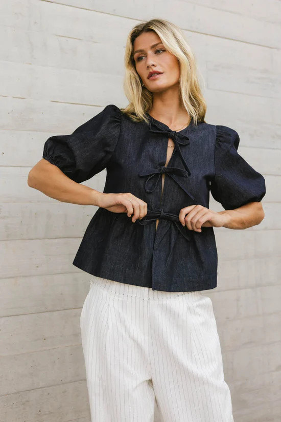 Natalia Peplum Tie Blouse in Dark Wash | Böhme US