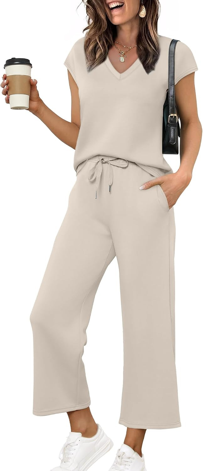 Saloogoe Two Piece Sets for Women Summer Outfits Lounge Sets V Neck Tops Wide Leg Pants Woman Vacation Travel Outfits | Amazon (US)