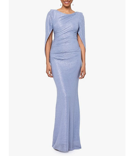 Drape Back Detail 3/4 Cape Sleeve Draped Round Neck Metallic Crinkle Ruched Sheath Gown | Dillard's