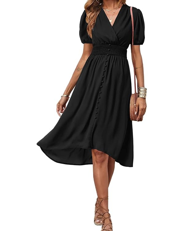 PRETTYGARDEN Women's Floral Wrap V-Neck Midi Dress Short Sleeve Boho Summer Beach Long Dress High... | Amazon (US)