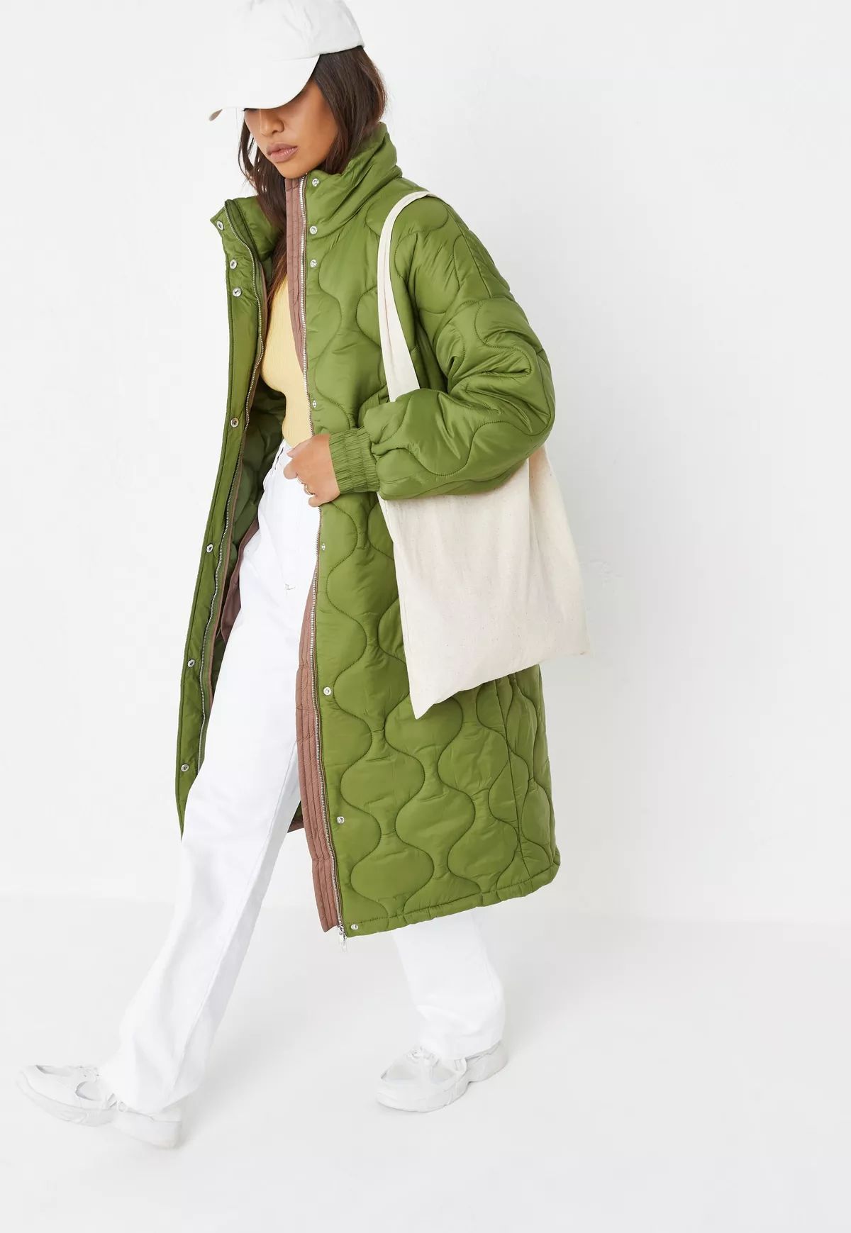 Missguided - Khaki High Neck Wave Quilted Belted Puffer Coat | Missguided (US & CA)