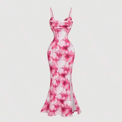 Women Romantic Pink Gradient Print Fishtail Dress, Spring Skirt, Spring Women's Dress, Graduation Party,Western Women Outfits,Graduation Dress,Easter | SHEIN