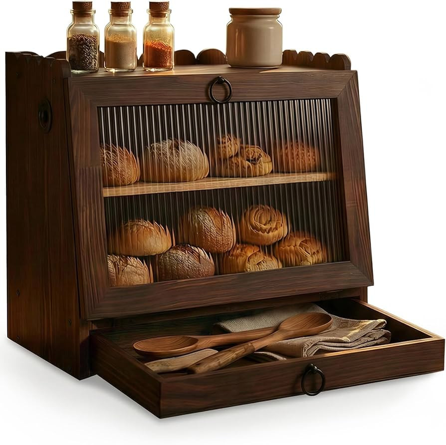 Bread Box for Kitchen Countertop Wooden Double Layer Bread Storage Container Bin Breadbox Holder ... | Amazon (US)