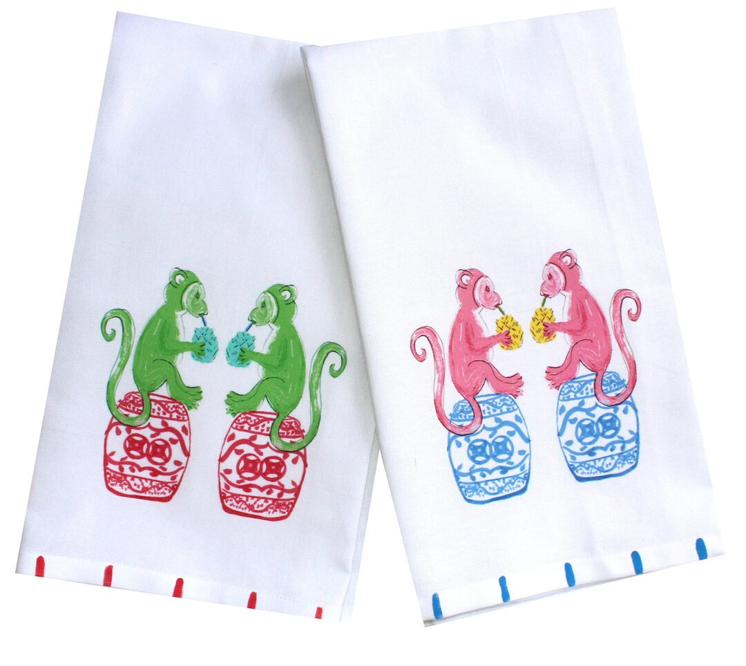Chinoiserie Monkey Kitchen Tea Towels Hostess Gift | Etsy (US)