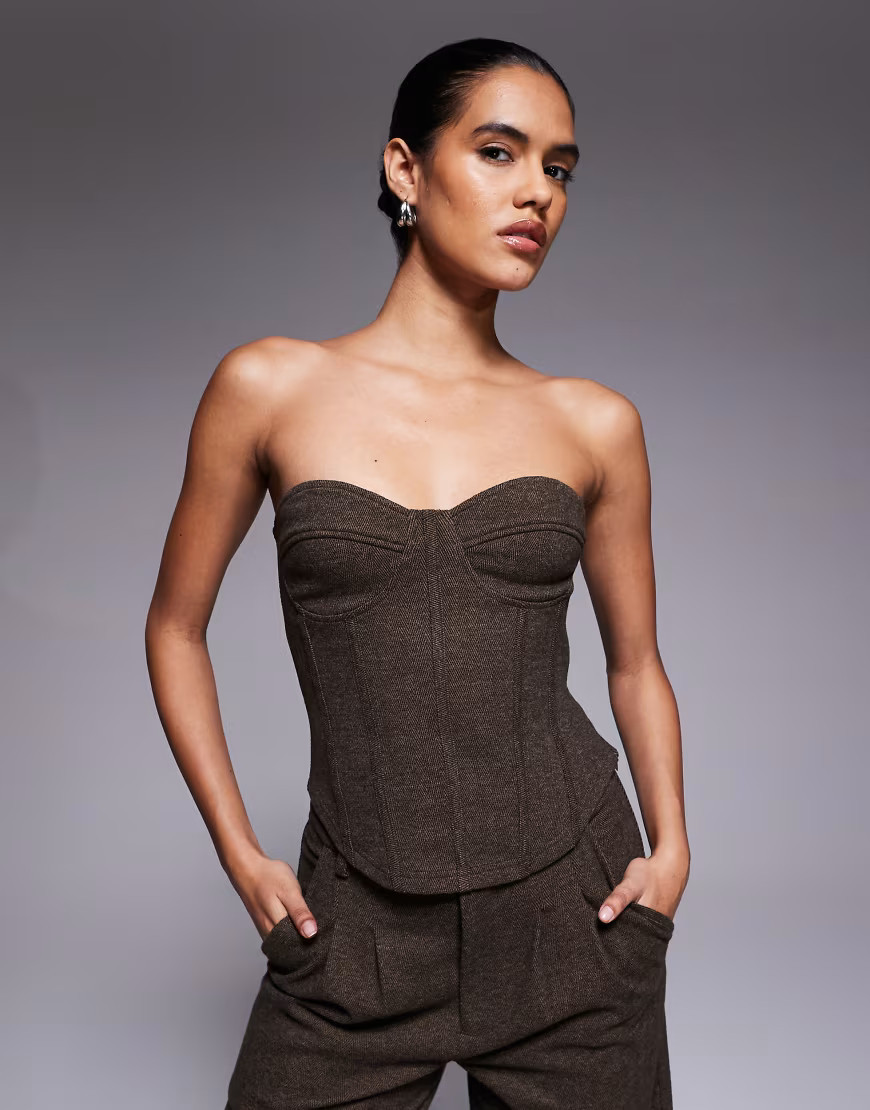 ASOS DESIGN co-ord herringbone brushed bandeau corset top in chocolate-Brown | ASOS (Global)