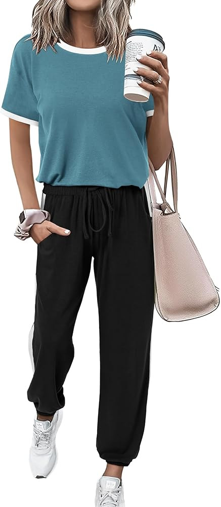 MASCOMODA Womens 2 Piece Outfits 2026 Summer Tracksuit Sets Short Sleeve Tops Travel Long Pants J... | Amazon (US)