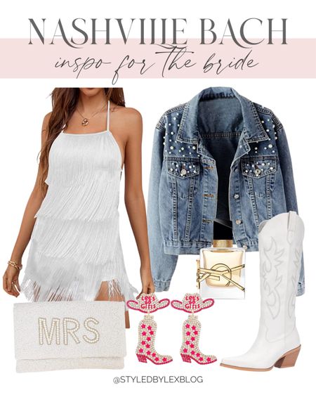 Nashville bachelorette outfit ideas for the bride! Items include a white fringe dress, a denim Jean jacket, a mrs clutch, a pair of Nashville earrings, YSL perfume, and white cowgirl boots. 

Amazon finds, Amazon bachelorette finds, Nashville bachelorette outfit inspo, bride to be inspo, bride finds, white romper finds  

#LTKunder100 #LTKSeasonal #LTKFind