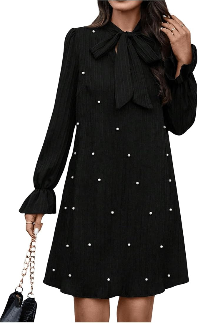 Women's Pearl Decor Dress Long Sleeve Tie Neck Short Dresses | Amazon (US)