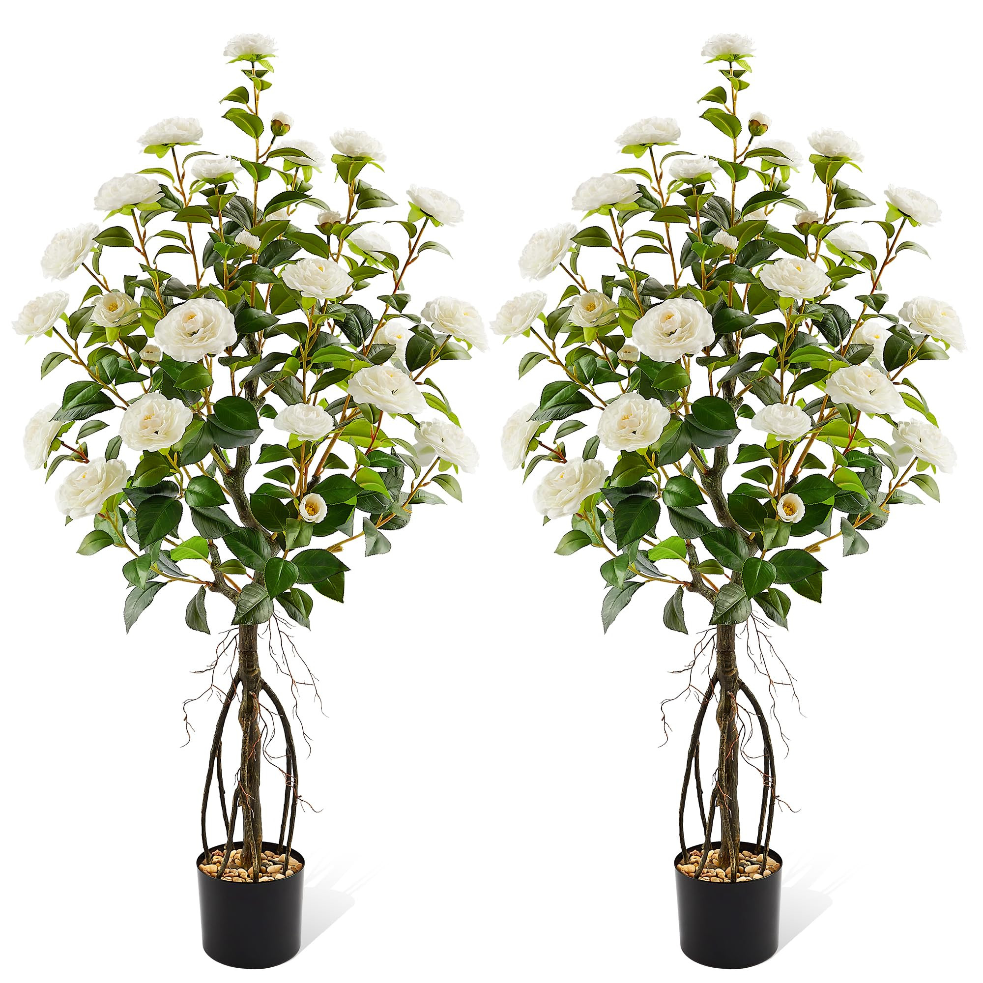 2 Pack 4FT Artificial Camellia Tree with Planter, White Realistic Fake Flowering Tree, Faux Plant... | Amazon (US)