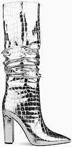 UP2STEP Women Patent Slouchy Block Heel Boots Shiny Sequins Knee High Chunky Heel Boot Mid Calf D... | Amazon (US)