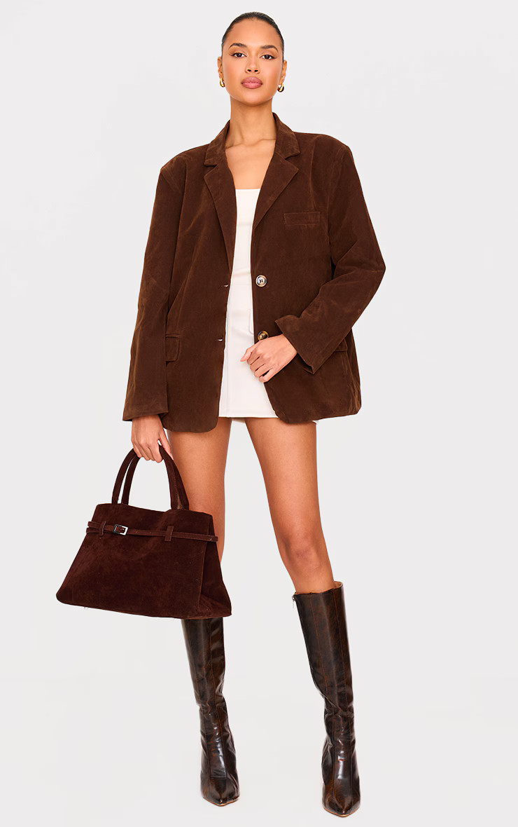 Chocolate Faux Suede Longline Blazer | PrettyLittleThing US