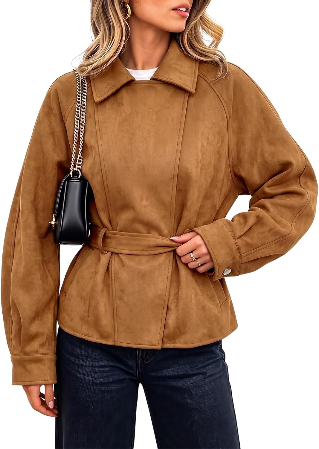 Cicy Bell Womens Faux Suede Jackets Lapel Collar Fall Cropped Trench Coats | Amazon (US)