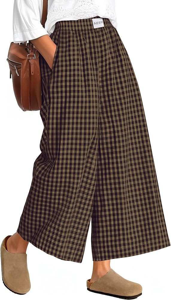 Neer Women's Plaid Gingham Skirt Pants Flowy Oversized Wide Leg Culottes Elastic Waist Palazzo Ca... | Amazon (US)