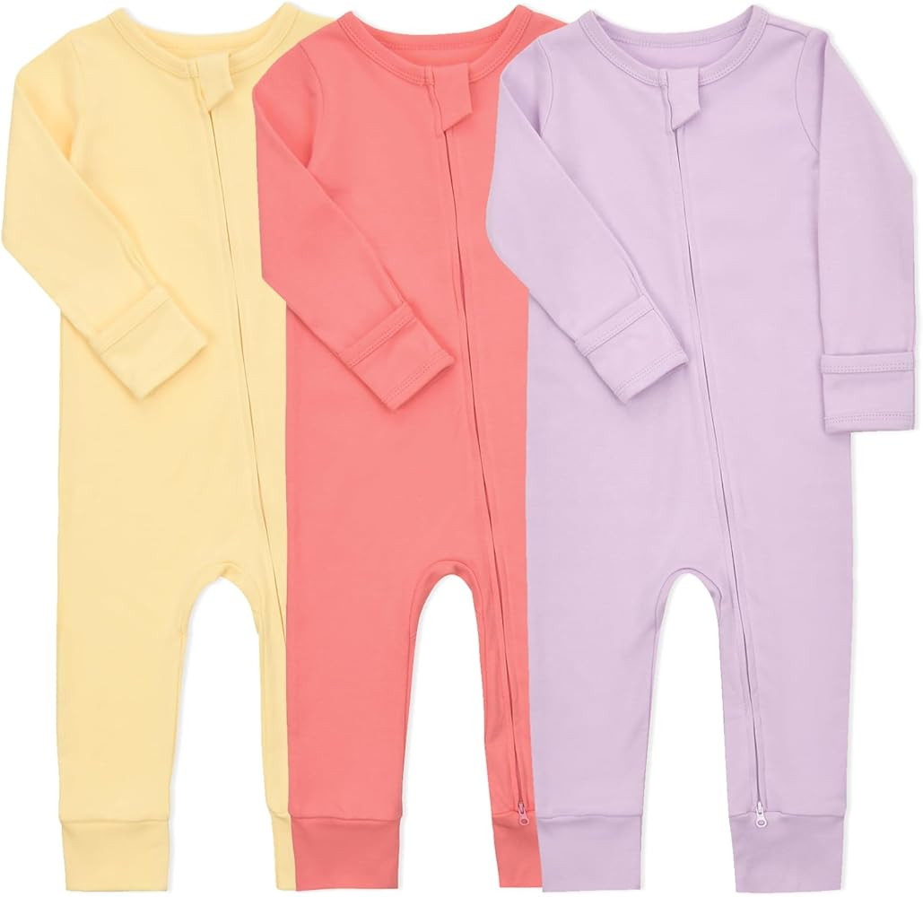 Aablexema Baby Cotton Fooltess Pajamas with Mitten, 3-pack Infant Romper Zip Up One Piece Jumpsui... | Amazon (US)