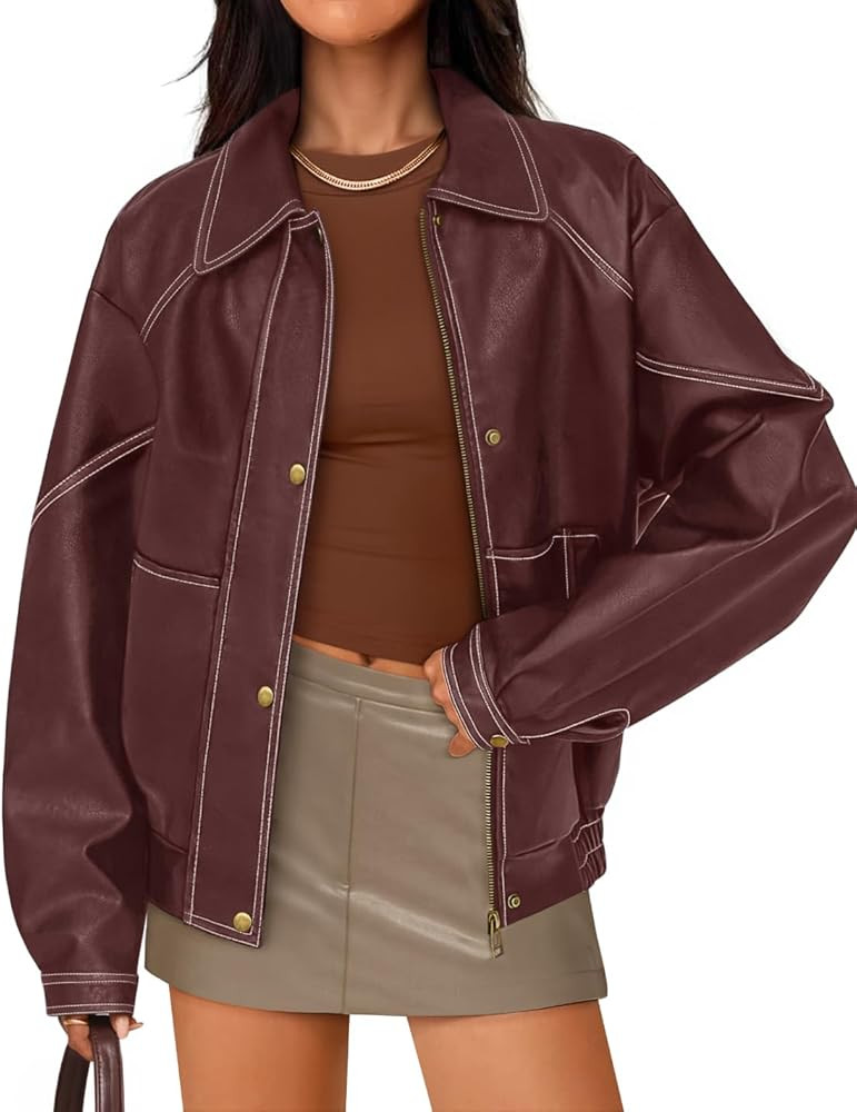 ZESICA Women's Faux Leather Jacket Oversized Zipper Motorcycle Coats 2025 Fall Fashion Trendy Clo... | Amazon (US)