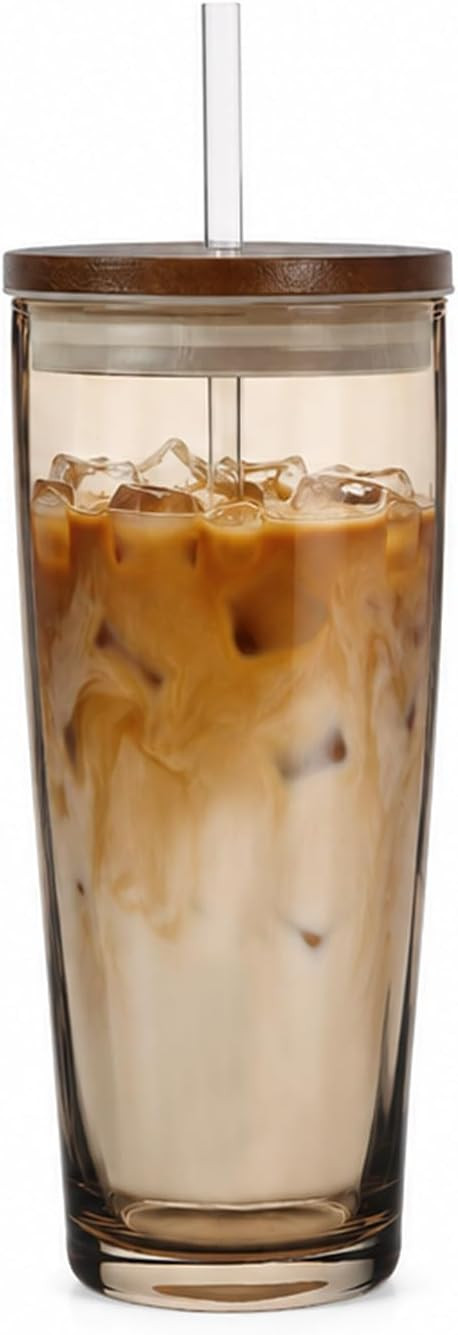 NIRA.Z Glass Tumbler with Lid and Straw 20oz, Ribbed Aesthetic Iced Coffee Glass Cup, Amber Drinking Glass with Wooden Lid, Reusable Straw Cup | Amazon (US)
