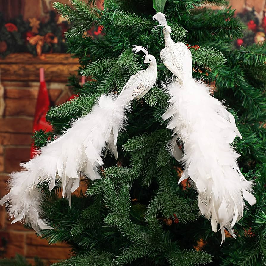 Peacock Christmas Tree Ornaments Long Tail Feather Peacock Christmas Decorations Glitter Peacock ... | Amazon (US)