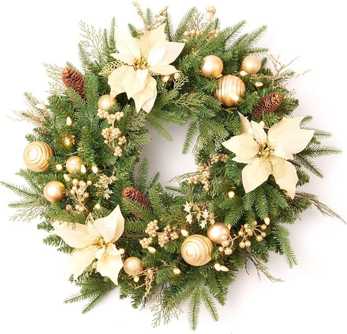 AMERZEST Pre-lit Christmas Wreath with Pine Cones Gold Balls,Gold Berries and Gold Flowers,24 Inc... | Amazon (US)