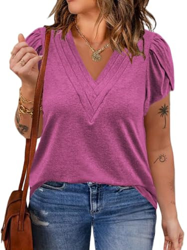Plus Tops for Women Plus Size Pleated V Neck T Shirts Summer Tunics Short Sleeve Tees Rose Red XL | Amazon (US)