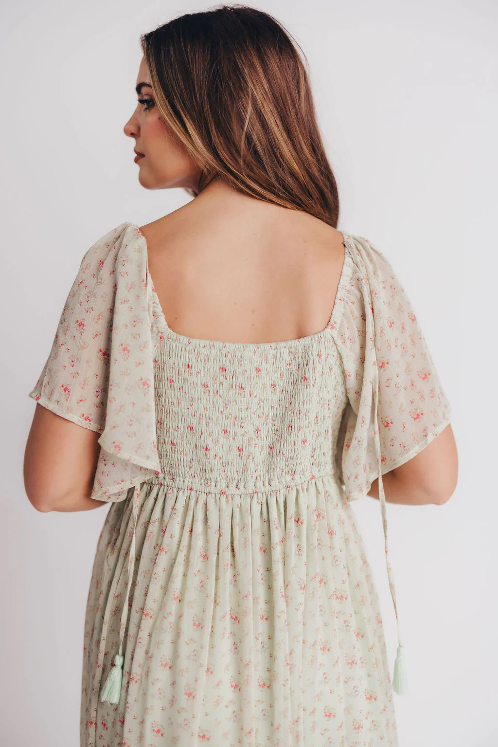 Siena Floral Chiffon V-Neck Midi Dress in Green Tea - Bump Friendly | Worth Collective