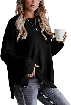 OFEEFAN Sweaters for Women Long Sleeve Side Split Crewneck Pullover Fall Sweater | Amazon (US)