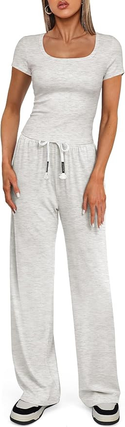 Darong Women's Two Piece Outfit Short Sleeve Scoop Neck T Shirts with Wide Leg Pants Active Track... | Amazon (US)