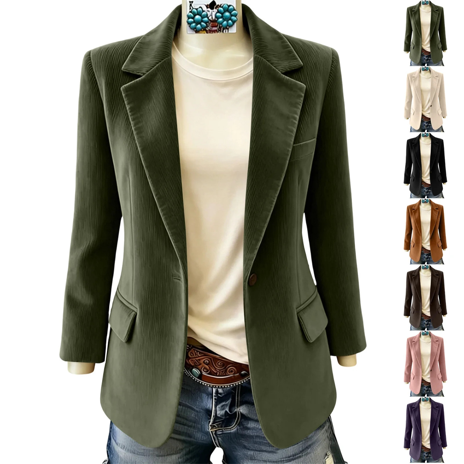 TGSLY Fall Corduroy Blazer for Women Lightweight Notched Lapel Single Breasted Button Open Front Suit Coat Dressy Casual Solid Color Long Sleeve Jacket with Pockets M - Walmart.com | Walmart (US)
