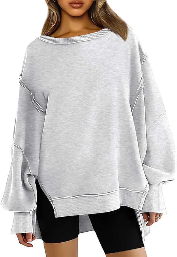 AUTOMET Womens Oversized Sweatshirts Casual Crewneck Pullover Long Sleeve Shirts Slit Sloucthy To... | Amazon (US)