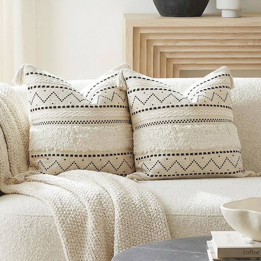 BlissBlush Decorative Throw Pillow Covers 18x18 Combo Set of 2 Square Boho Black Neutral Accent P... | Amazon (US)