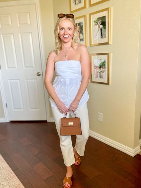 Top is Zara, linked similar here! Wearing a 25 in jeans | strapless top, white strapless top, neutral outfit, off white jeans, straight jeans 

#LTKFind #LTKSeasonal #LTKstyletip