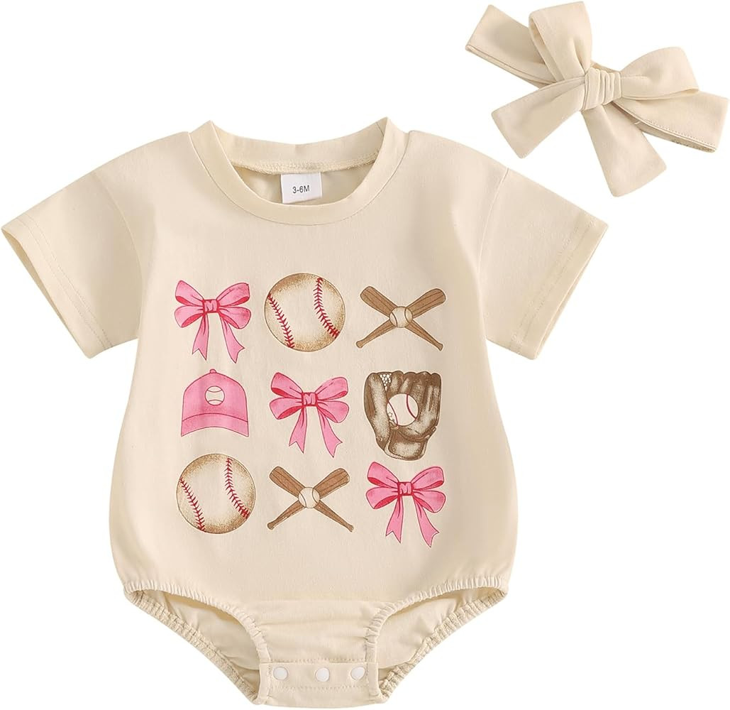 Newborn Baby Girl Baseball Outfit Pink Bow Baseball Romper Short Sleeve Bubble Bodysuit Infant Su... | Amazon (US)