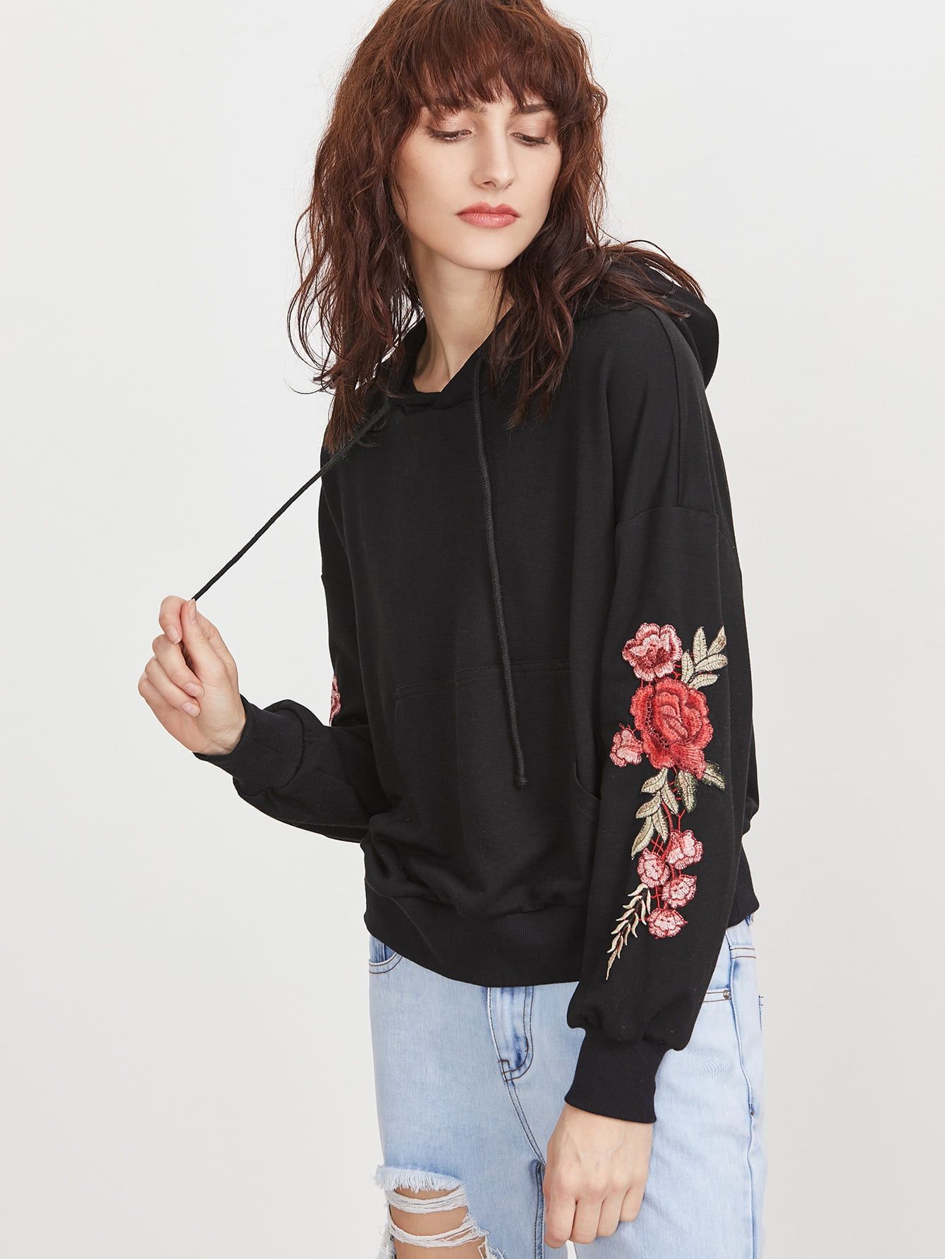 Black Drop Shoulder Embroidered Flower Applique Hoodie | SHEIN