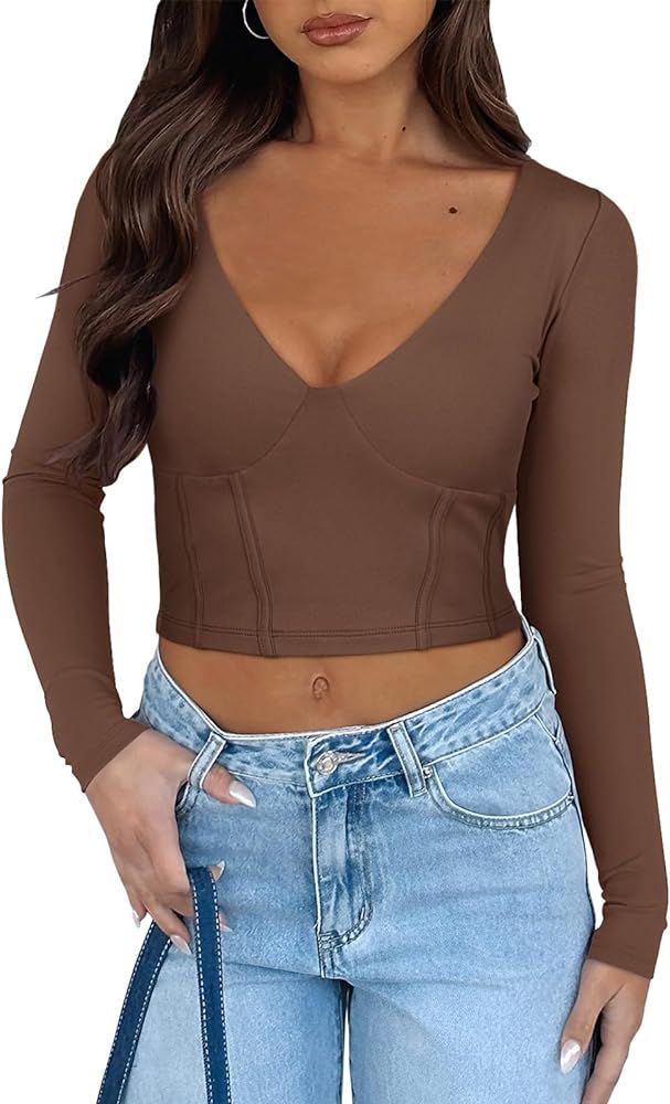 REORIA Women's Sexy Deep V Neck Double Lined Long Sleeve Y2K Going Out T Shirt Crop Top | Amazon (US)